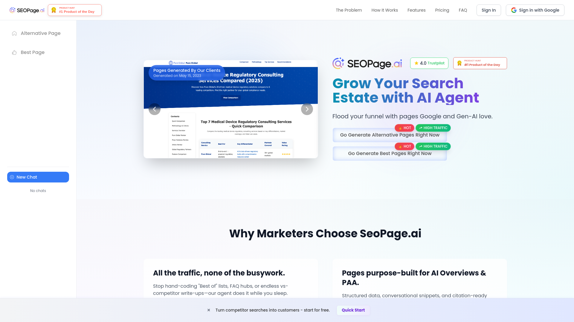 SeoPage.ai dashboard showing advanced SEO content generation features and templates