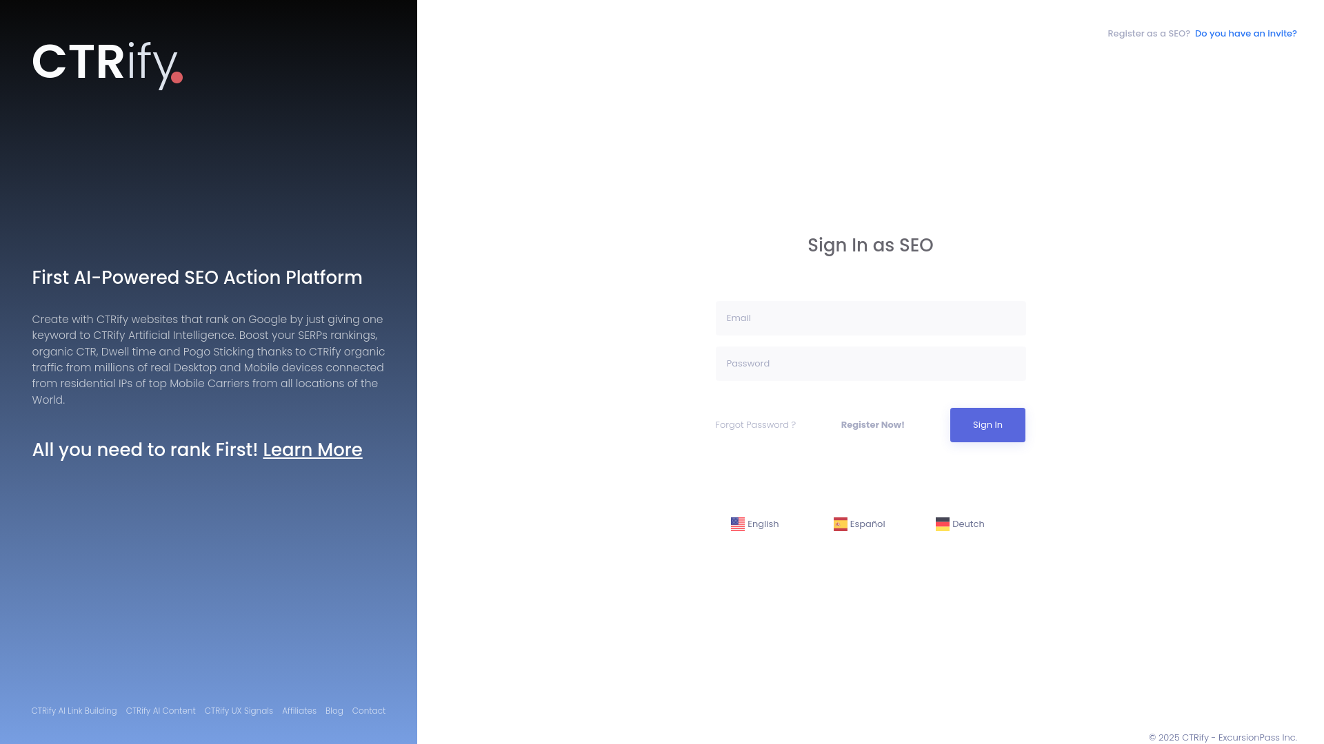 CTRify interface showing basic website generation tools and limited template options